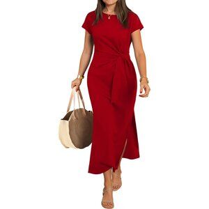 Women's Red Polyester Blend Tie Waist Split Crew Neck Casual Summer Maxi